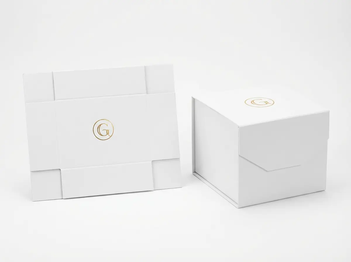 white shoulder neck three piece rigid box with gold logo slow lift luxury construction LuxoPack