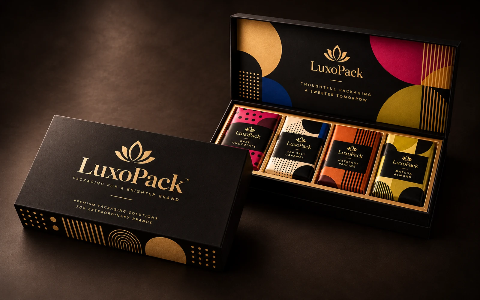 Custom black and gold chocolate gift box for premium confectionery packaging