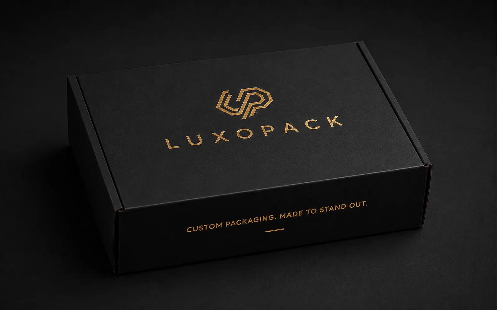 custom branded mailer box with gold foil logo matte black corrugated wholesale LuxoPack