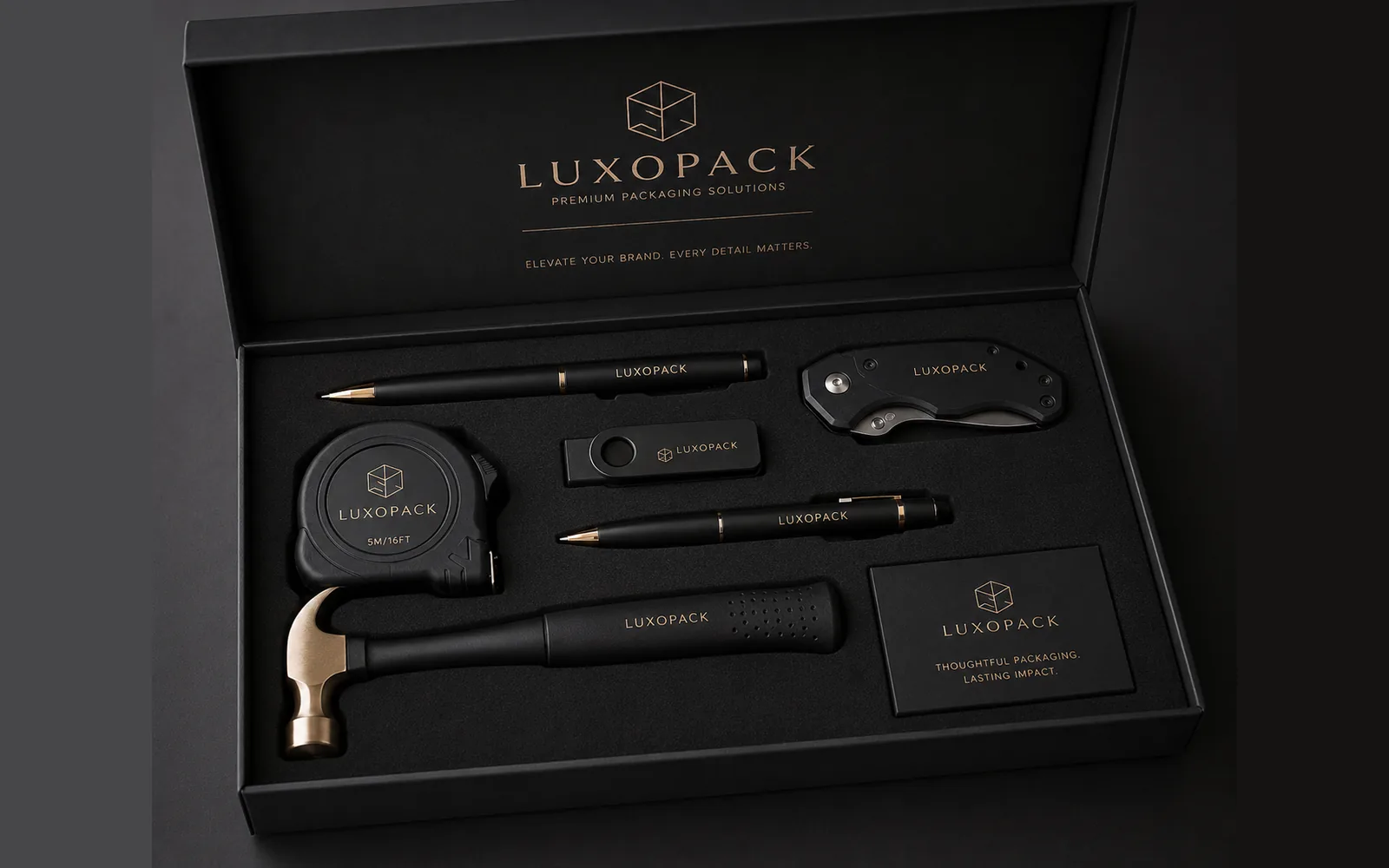 custom corporate gift set box with die-cut foam insert branded kit pens drinkware tools LuxoPack China factory