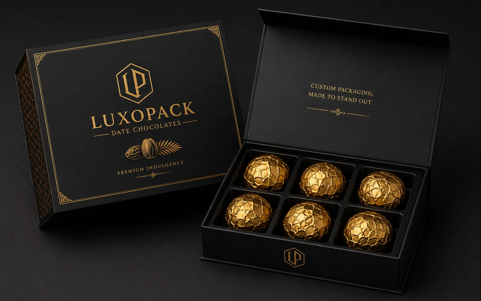 date chocolate gift box with six-cavity gold insert and magnetic lid for Ramadan Eid wholesale LuxoPack