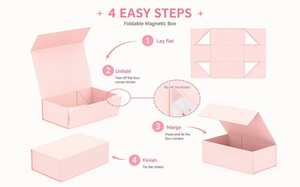 pink foldable magnetic gift box tool free four step assembly ribbon close wholesale LuxoPack