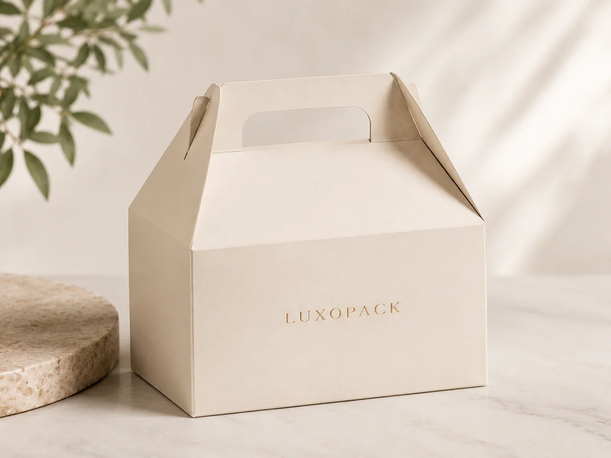 custom gable gift box with handle house shaped box for food party favors hampers wholesale LuxoPack