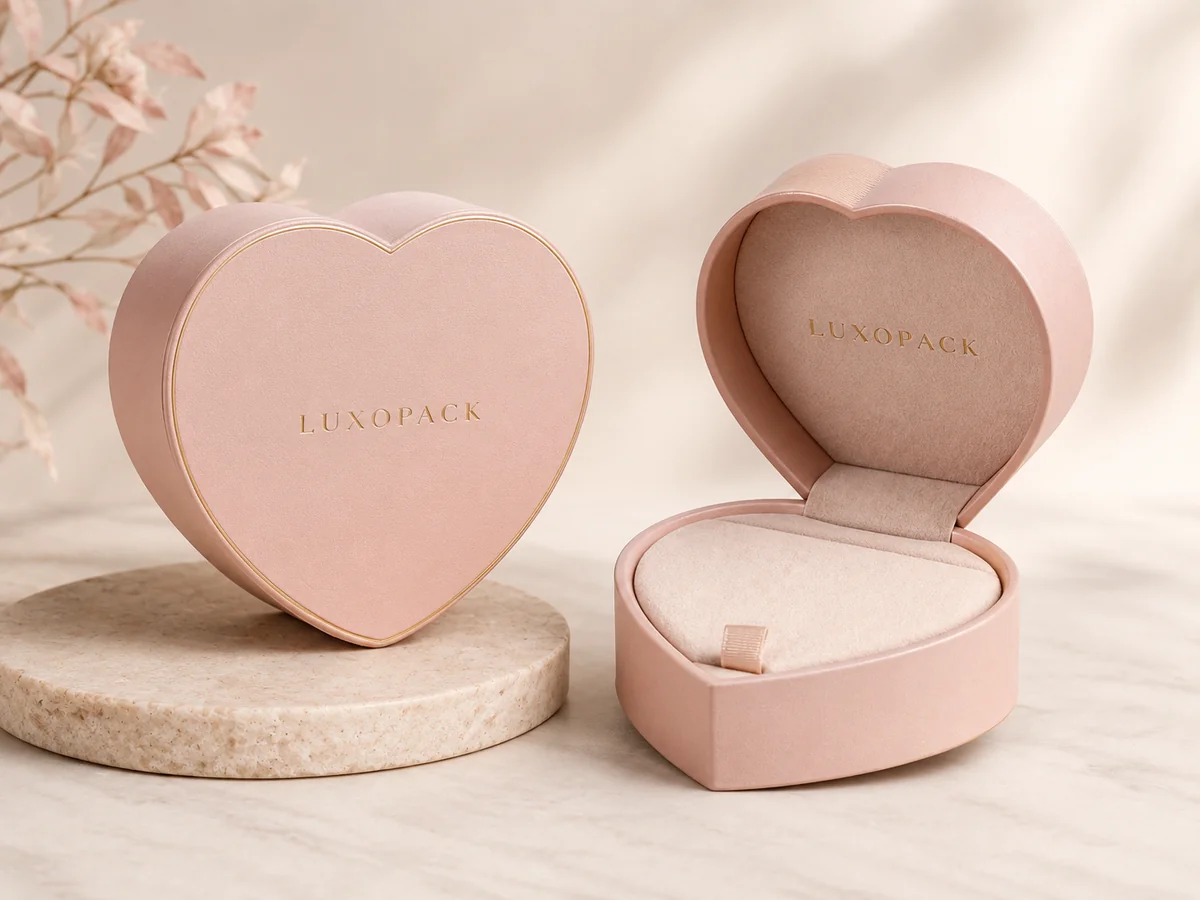 custom heart shaped gift box pink rigid jewelry box with velvet insert ribbon wholesale LuxoPack