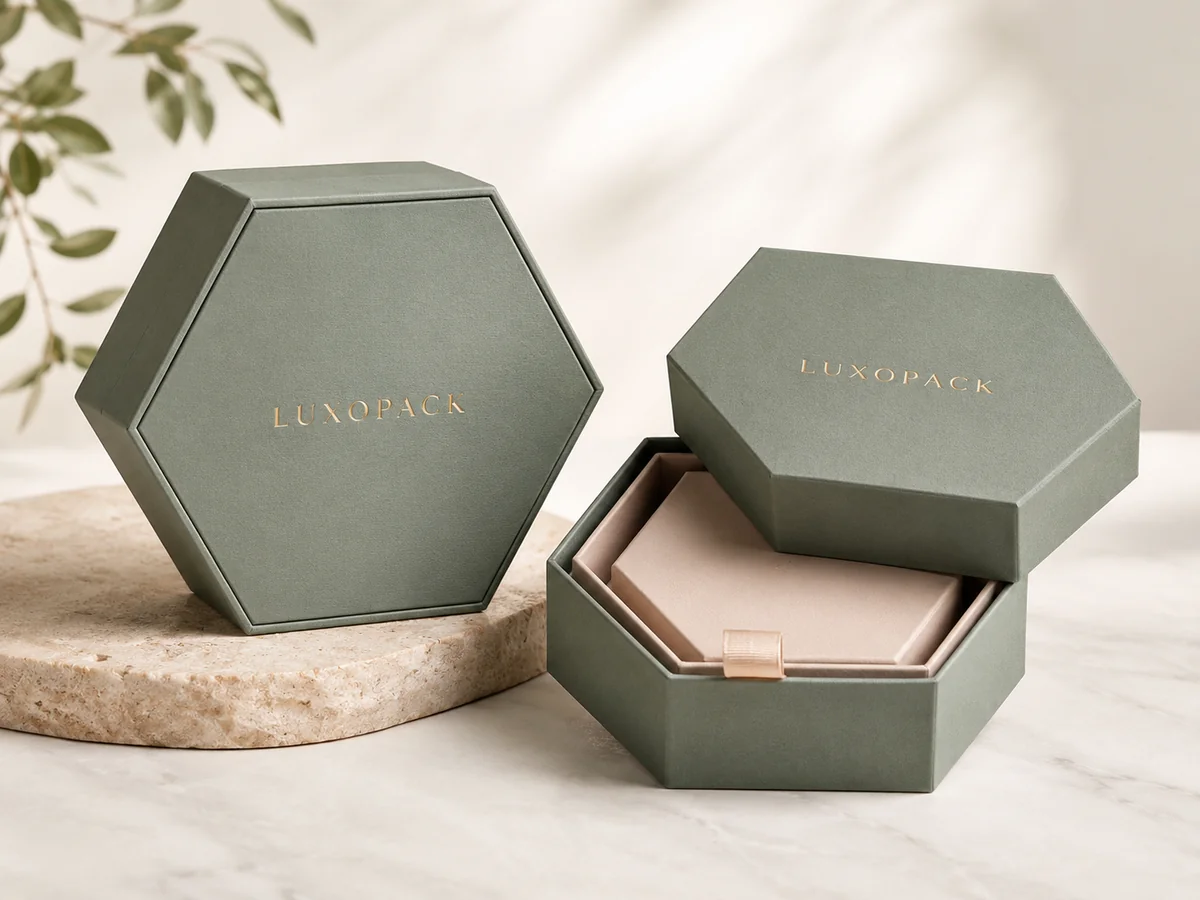custom hexagon gift box rigid six-sided box with velvet insert wholesale China LuxoPack