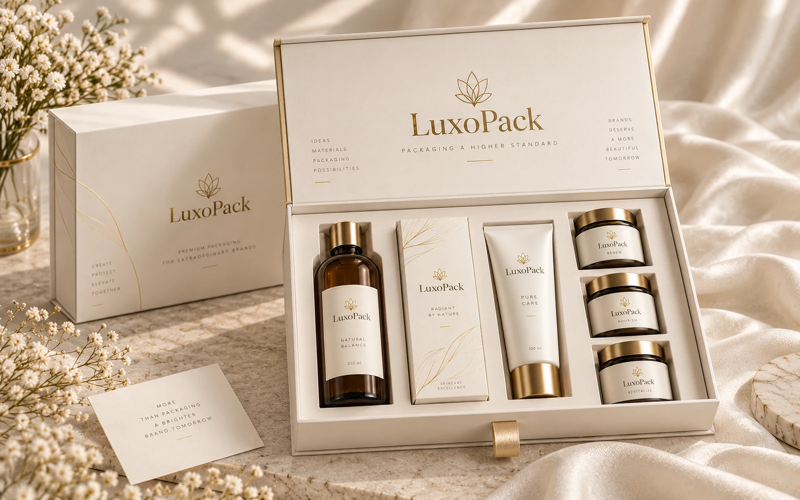 Custom ivory skincare gift box with branded insert for cosmetic packaging